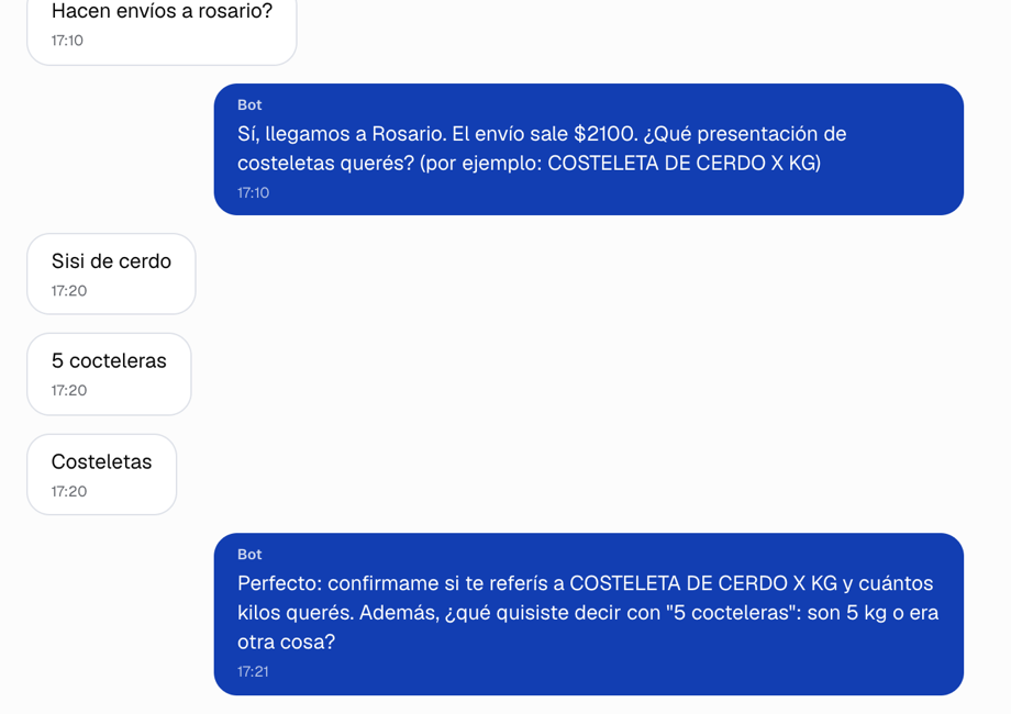 Inbox en vivo de PediBot: el agente cotiza el envío y aclara cantidades antes de confirmar el pedido