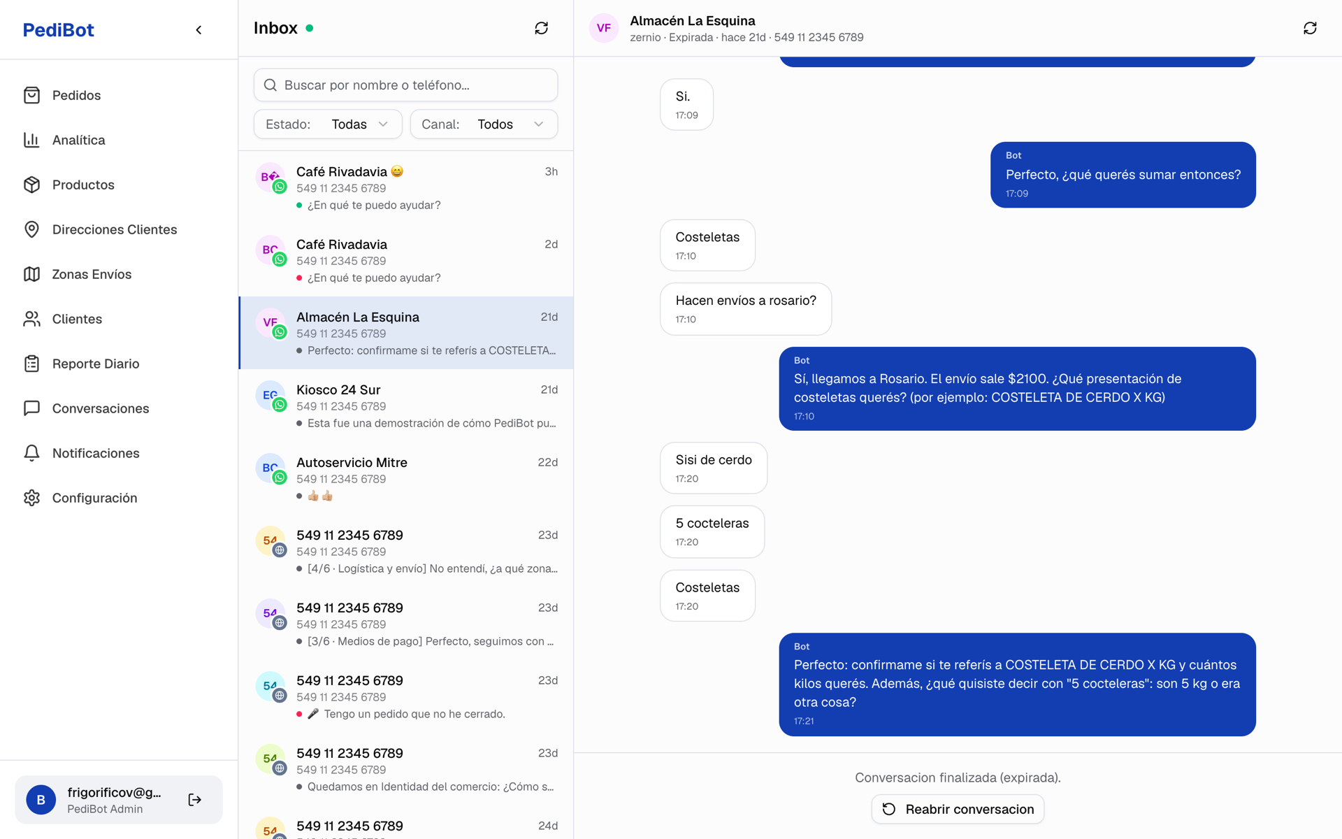Inbox en vivo de PediBot: el agente cotiza el envío y aclara cantidades antes de confirmar el pedido