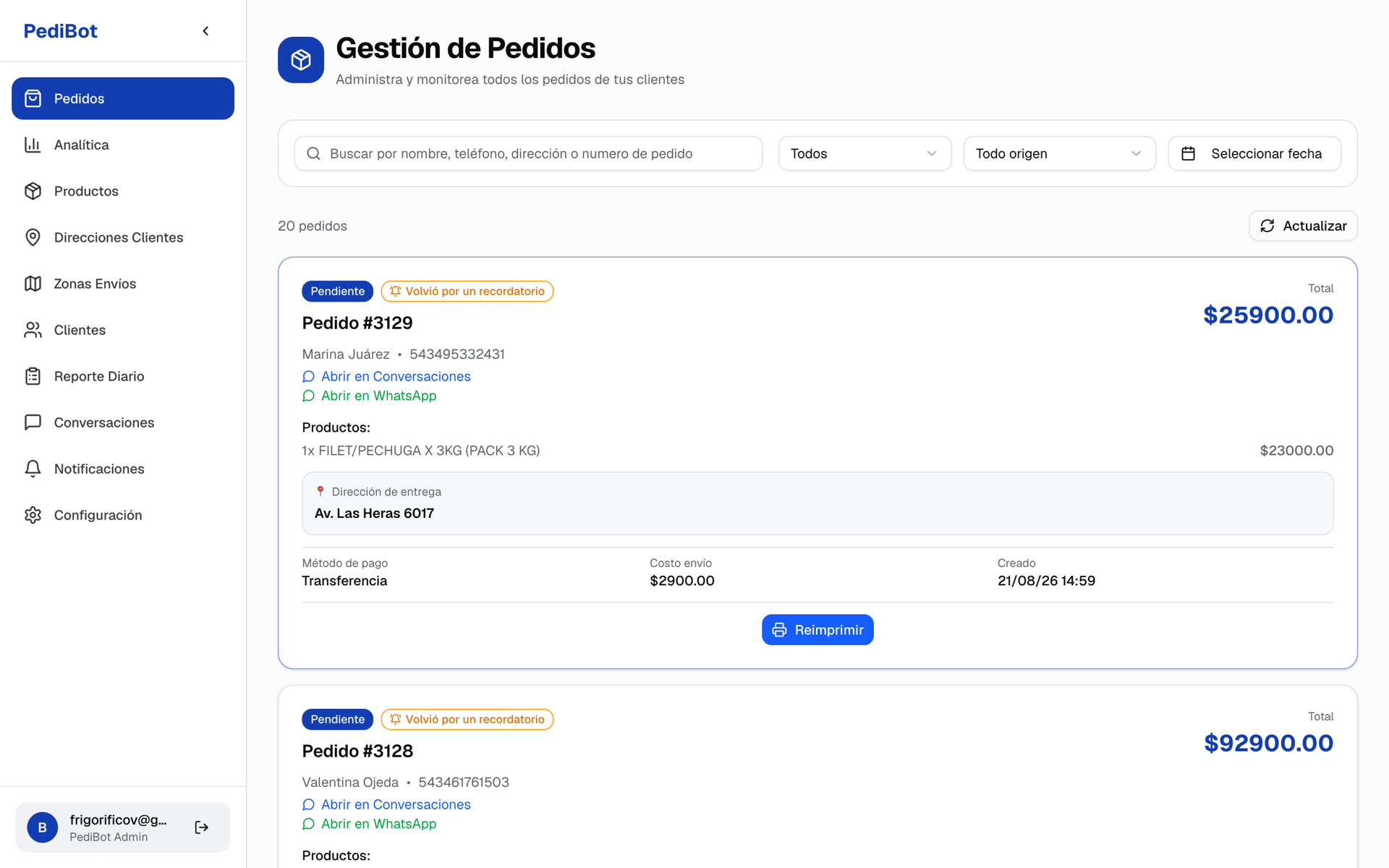 Panel de gestión de pedidos de PediBot con un pedido que volvió por un recordatorio
